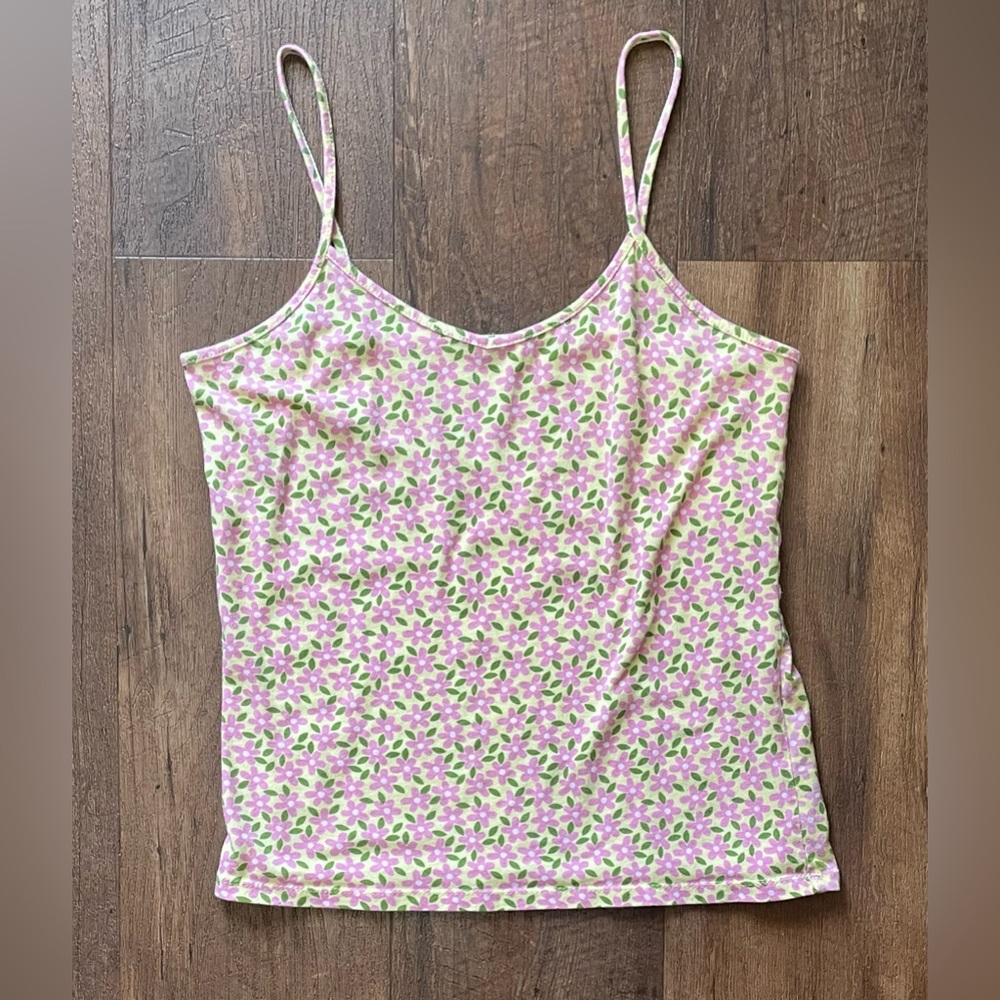 Blue Star y2k vintage yellow pink floral midrift tank spaghetti strap top shirt